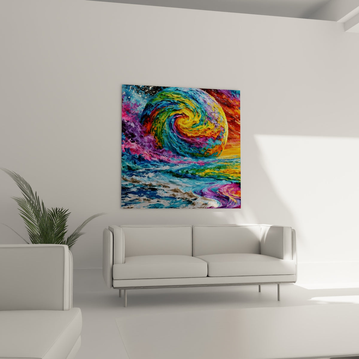 Vague cosmique violette et jaune doré, tableau Planète au-dessus d'un canapé dans un salon lumineux