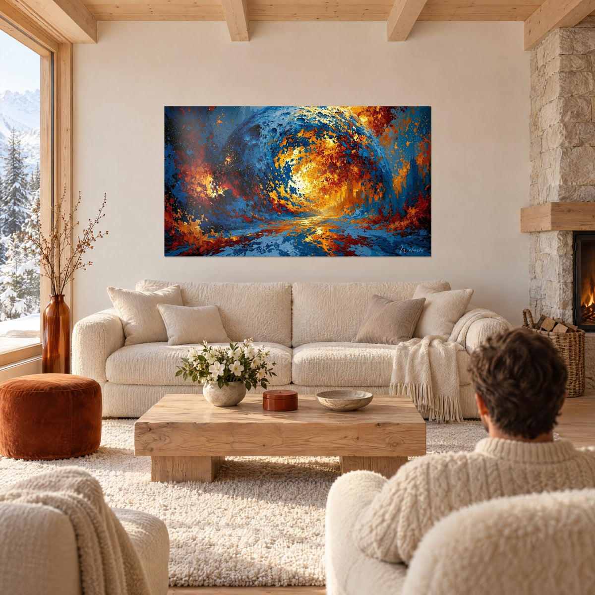 Tableau planète bleue en spirale de flammes orangées et rouges, empâtements épais, au-dessus d'un canapé dans un salon lumineux