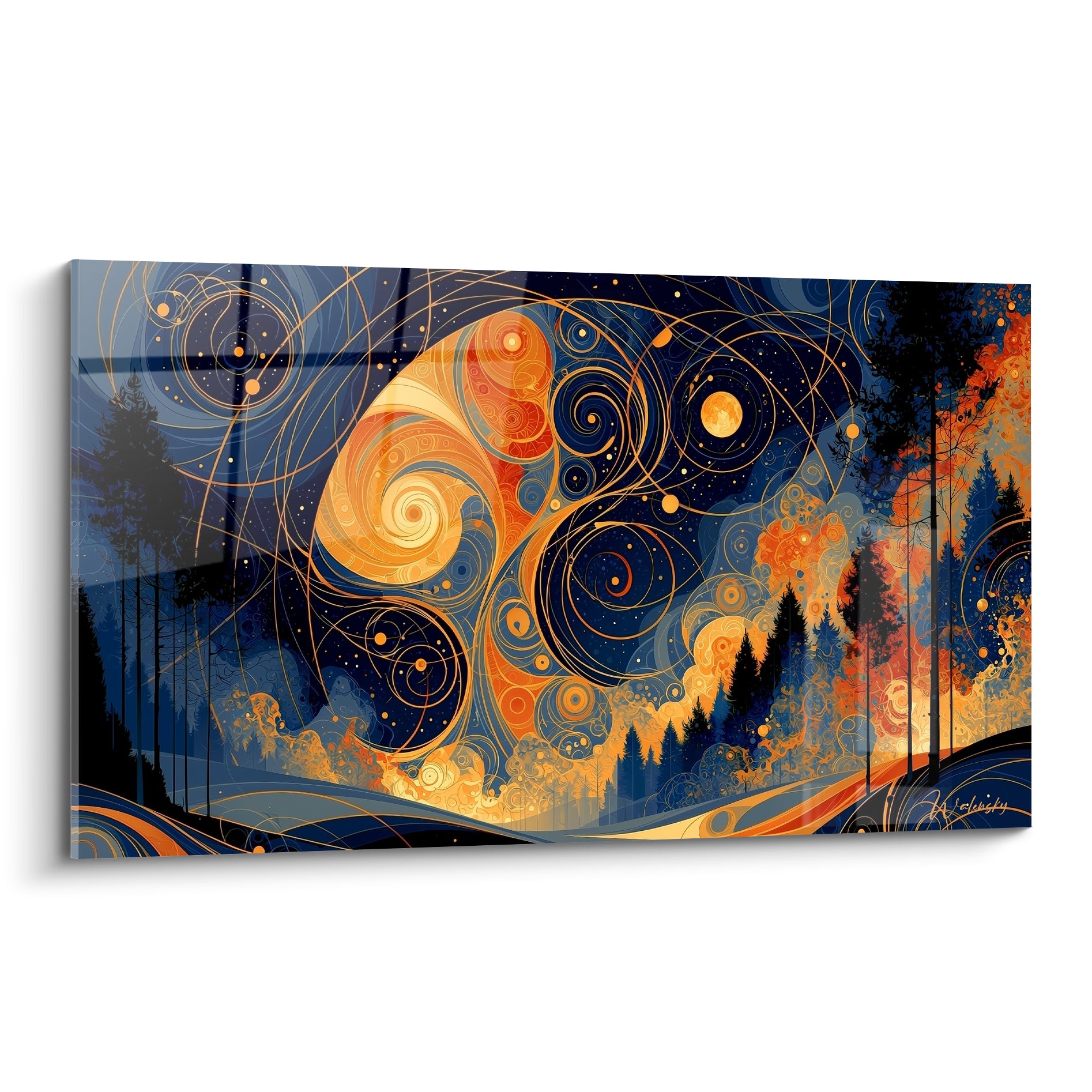 Spirales orangées et bleu marine se déploient au-dessus d'une forêt de conifères noirs, style graphique onirique