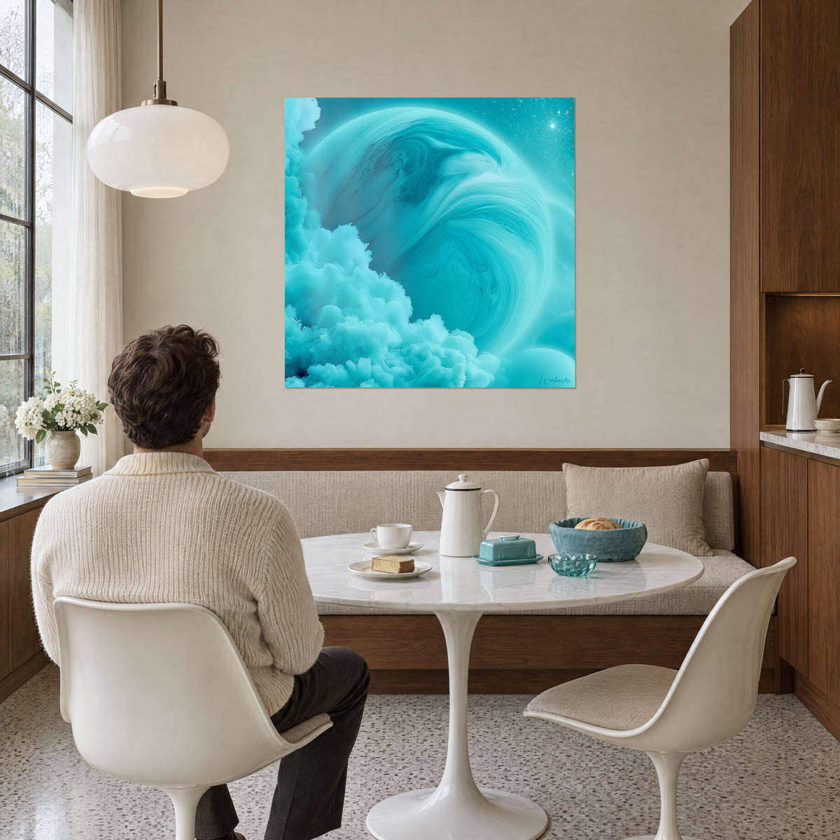 Gemälde himmlischer Hauch mit türkisen und aquamarinen Wirbeln, funkelnde Sterne, hängt im Esszimmer neben einem runden Tisch