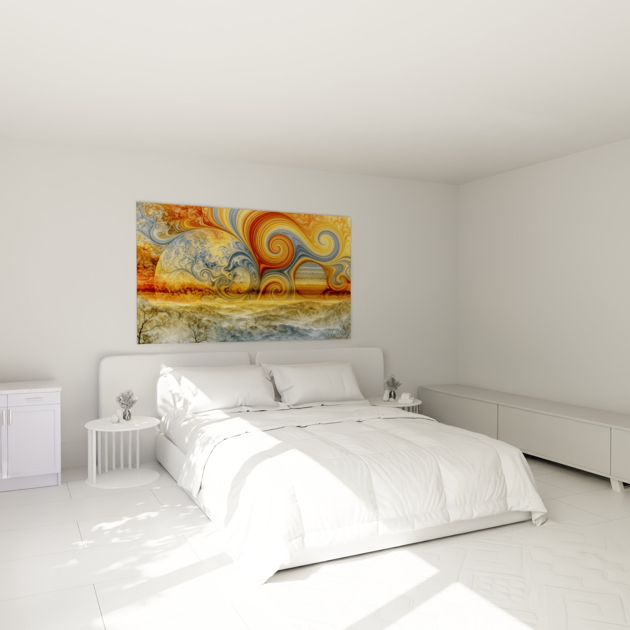 Spirales cosmiques ocre et bleu marine de la Planète au-dessus d'un lit dans une chambre claire