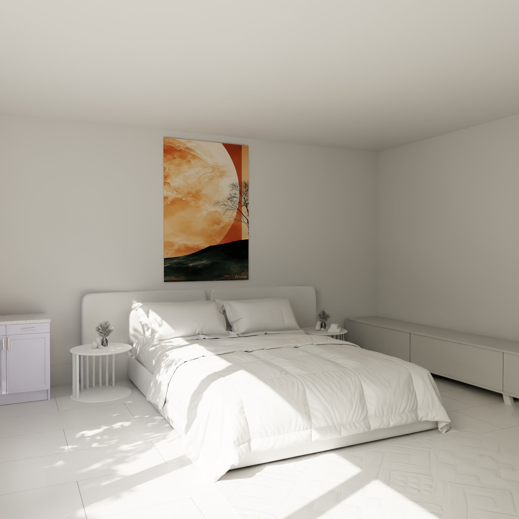 Astre terracotta et arbre silhouette noire au-dessus d'un lit dans une chambre claire