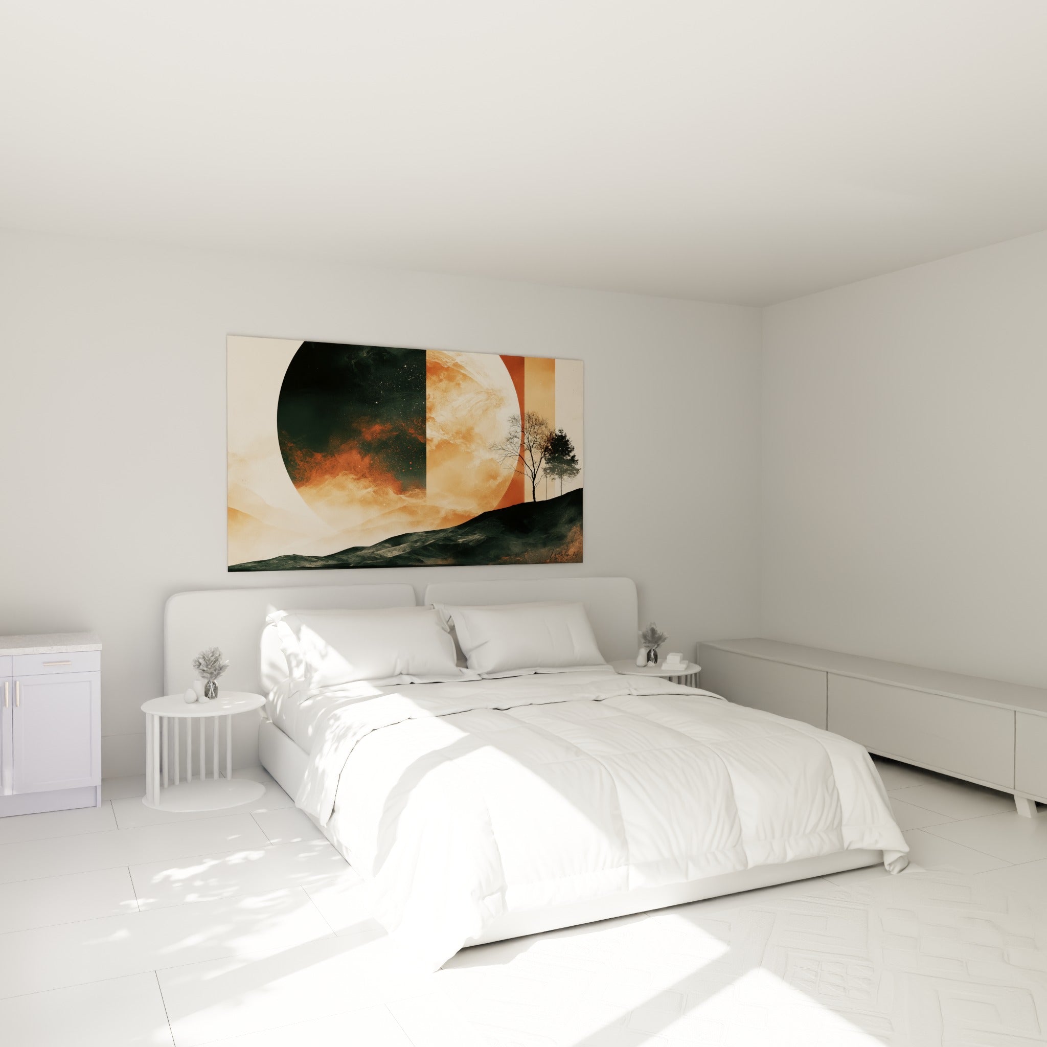 Sphère orangée et collines sombres se déploient au-dessus d'un lit dans une chambre claire