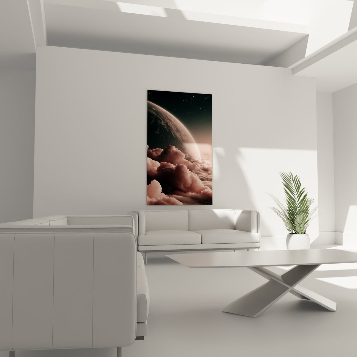 Planète aux reliefs gris et roses surplombant une mer de nuages cotonneux, au-dessus d'un canapé dans un salon lumineux