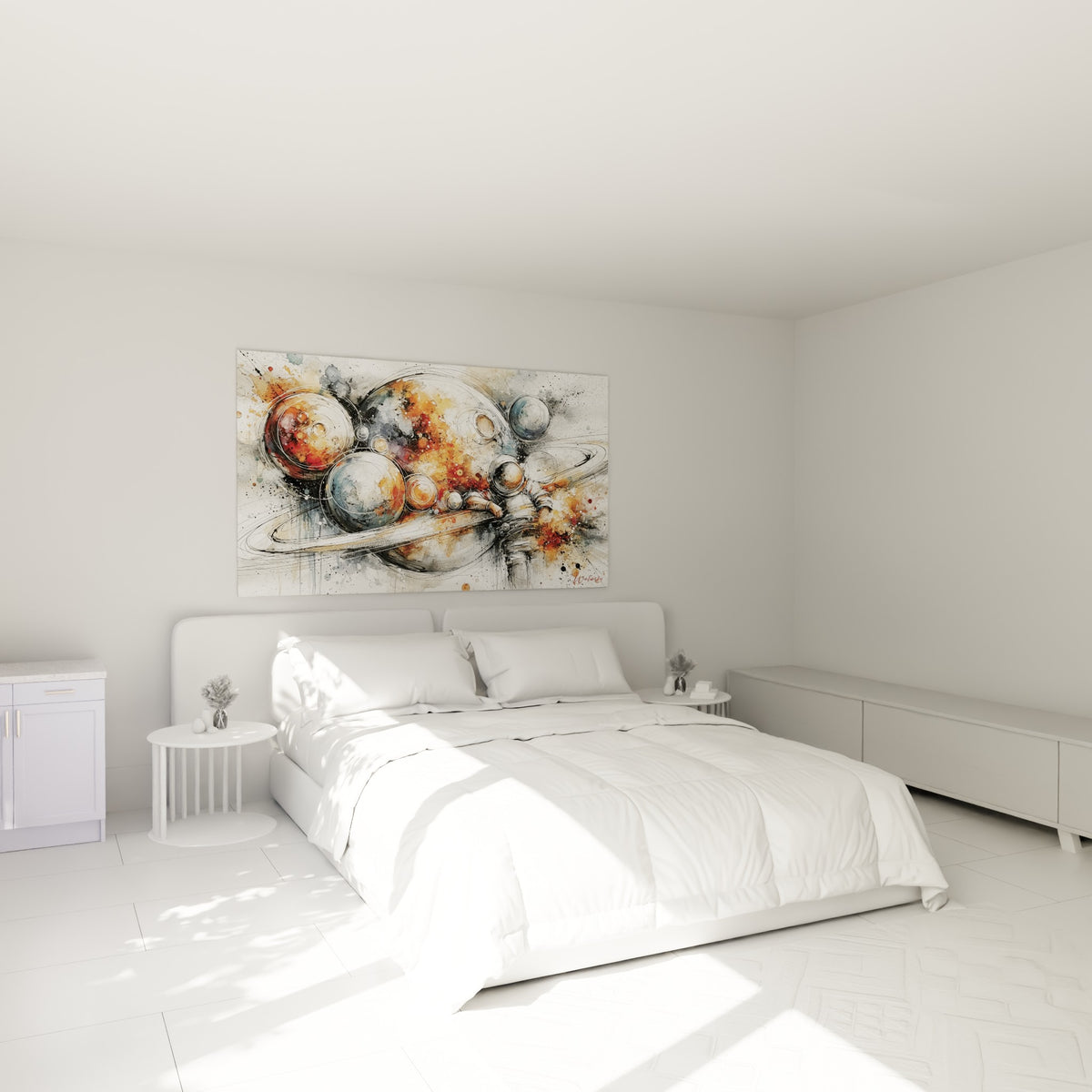 Sphères ocre et gris ardoise de Planète accrochées au-dessus d'un lit dans une chambre claire