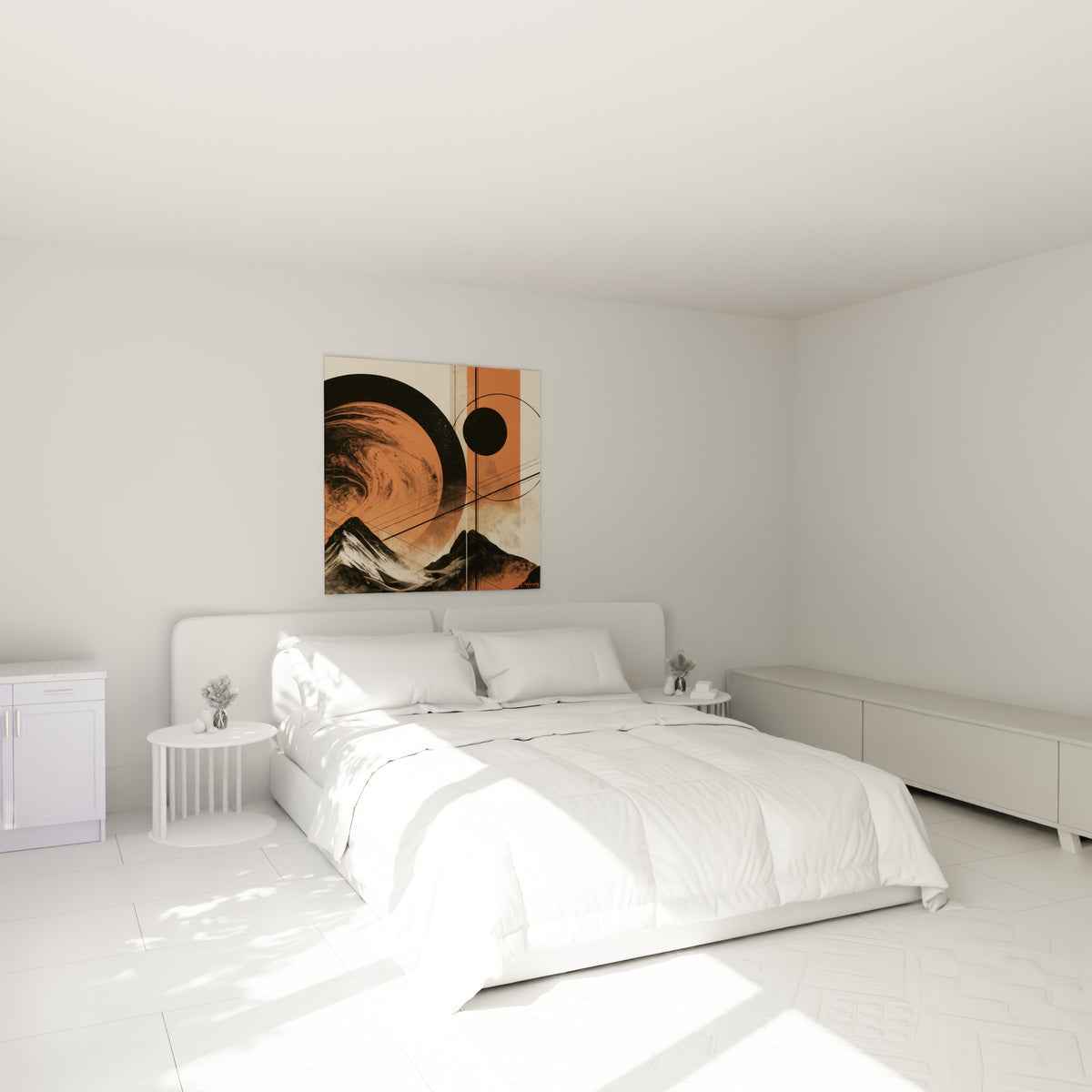 Composition planète orange et noire aux lignes géométriques, au-dessus d'un lit dans une chambre claire