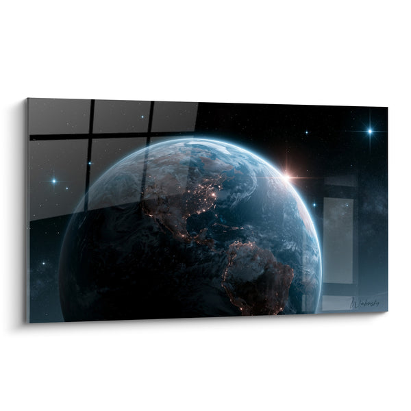 Tableau Globe terrestre bleu et noir aux lumières continentales - Étoiles scintillantes en arrière-plan - Edition Planète