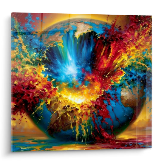 Planète Terre stylisée en bleu marine et rouge flamboyant, explosion dorée en son centre
