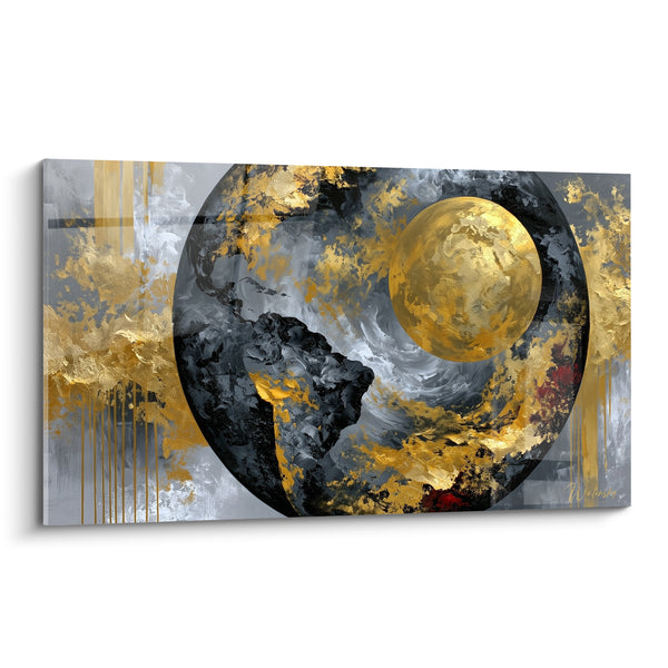 Tableau Globe terrestre noir et doré aux continents striés - Lune dorée massive - Edition Planète