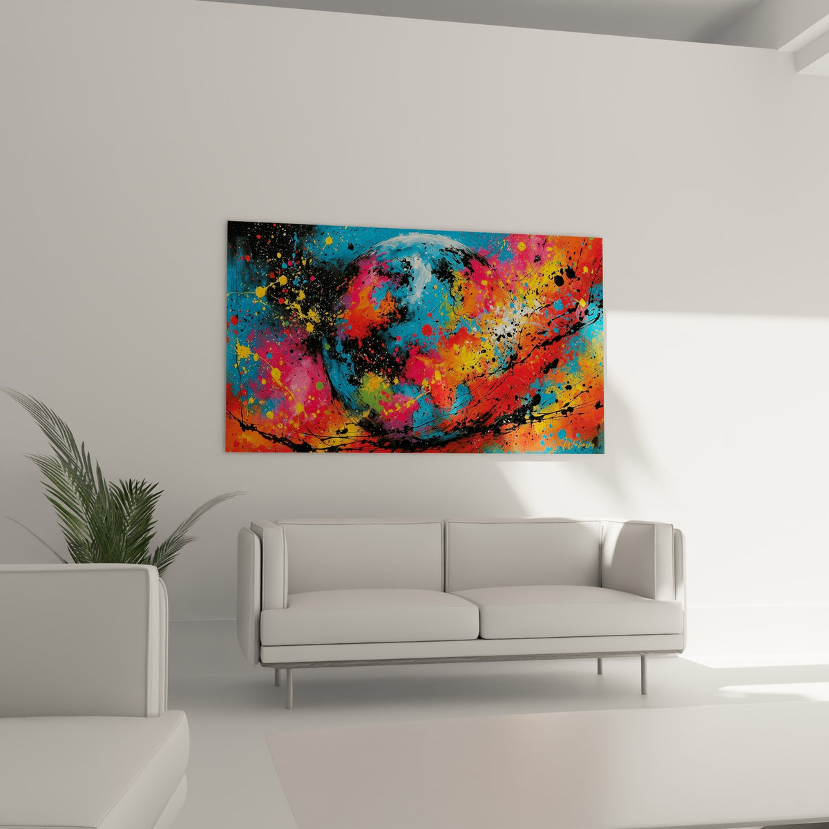 Explosion chromatique orange et turquoise autour d'un globe, au-dessus d'un canapé dans un salon lumineux