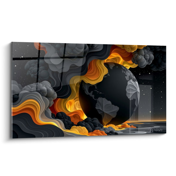 Tableau Globe terrestre noir et doré aux volutes de fumée - Continents en relief sculpté - Edition Planète