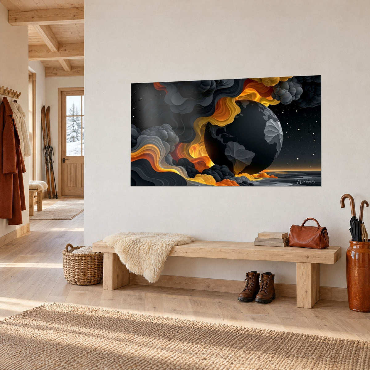 Tableau planète sombre entourée de rubans dorés et orangés, nuages de fumée anthracite, au mur d'un couloir de chalet