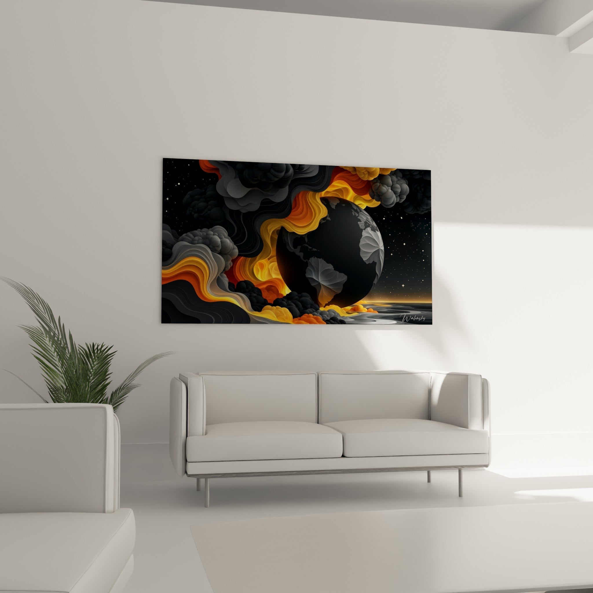 Terre sombre entourée de volutes dorées et grises accrochée au-dessus d'un canapé dans un salon lumineux