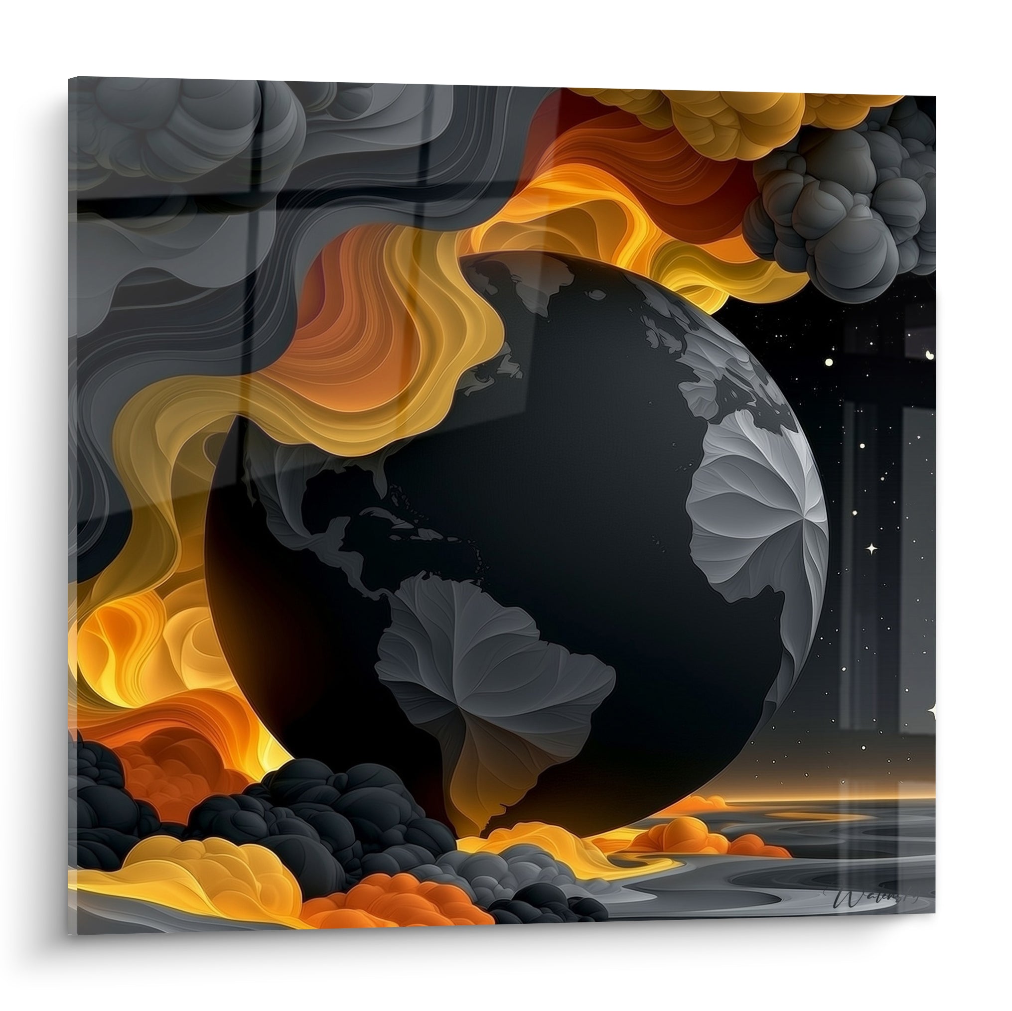 Globe terrestre noir cerné de flammes dorées et fumées anthracite, tableau Planète en plein cadre