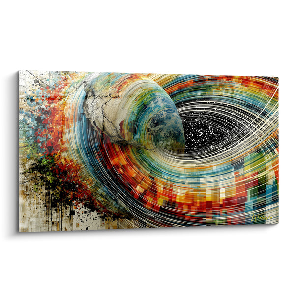 Tableau Globe terrestre bleu et rouge en vortex pixelisé - Trou noir étoilé - Edition Planète