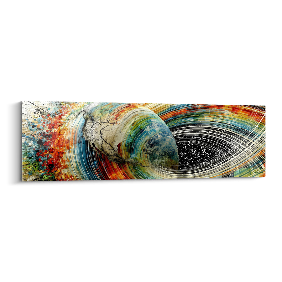 Tableau Globe terrestre bleu et beige aux pixels multicolores - Tunnel étoilé noir - Edition Planète