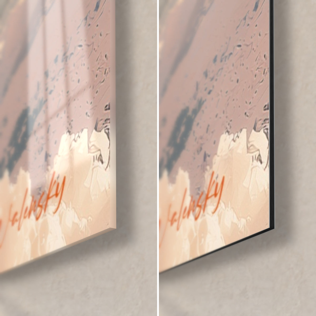 Cuadro planetas rosados y nubes crema, esquina inferior derecha de cristal brillante a la izquierda, aluminio Dibond negro mate a la derecha, grosor 3 mm