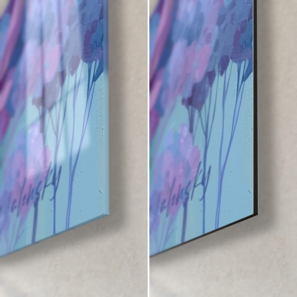 Tableau fleur violette en éventail, pétales lilas et ciel turquoise, coin bas droit en verre brillant et alu Dibond mat, tranche de 3 mm
