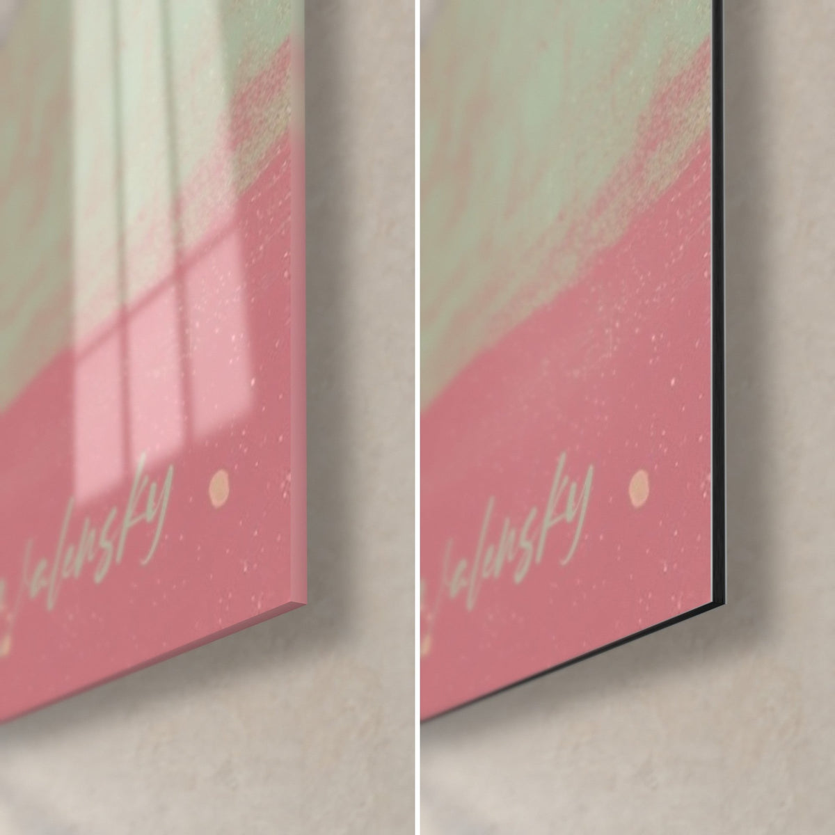 Gemälde strukturierter rosa Globus, untere rechte Ecke: glänzendes Acrylglas links, mattes Dibond rechts, schwarze Kante von 3 mm