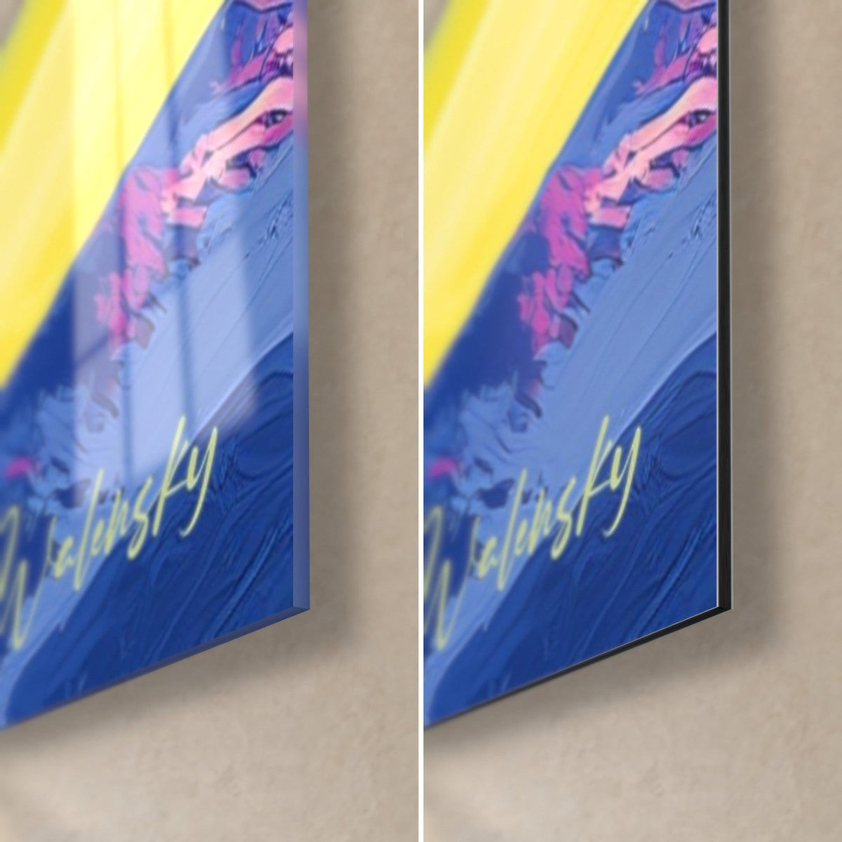 Quadro di un corpo celeste giallo e blu su nuvole rosa, angolo in basso a destra: vetro acrilico lucido a sinistra, alluminio Dibond opaco a destra, spessore 3 mm