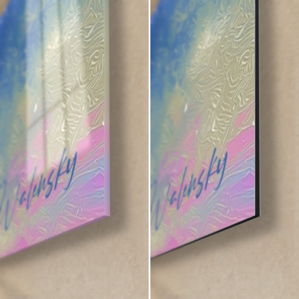 Gemälde Ringplanet mit rosa und hellblauen Reflexen, untere rechte Ecke: glänzendes Acrylglas links, matt Dibond rechts, 3 mm Kante