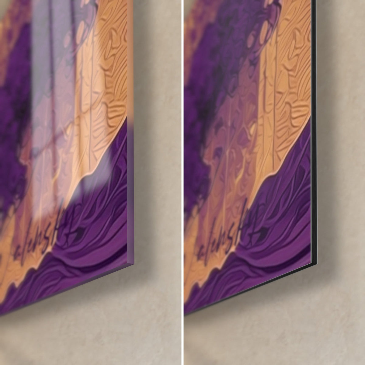 Wall art golden cratered planet, bottom right corner: glossy reflections of the glass on the left, matte violet Dibond on the right