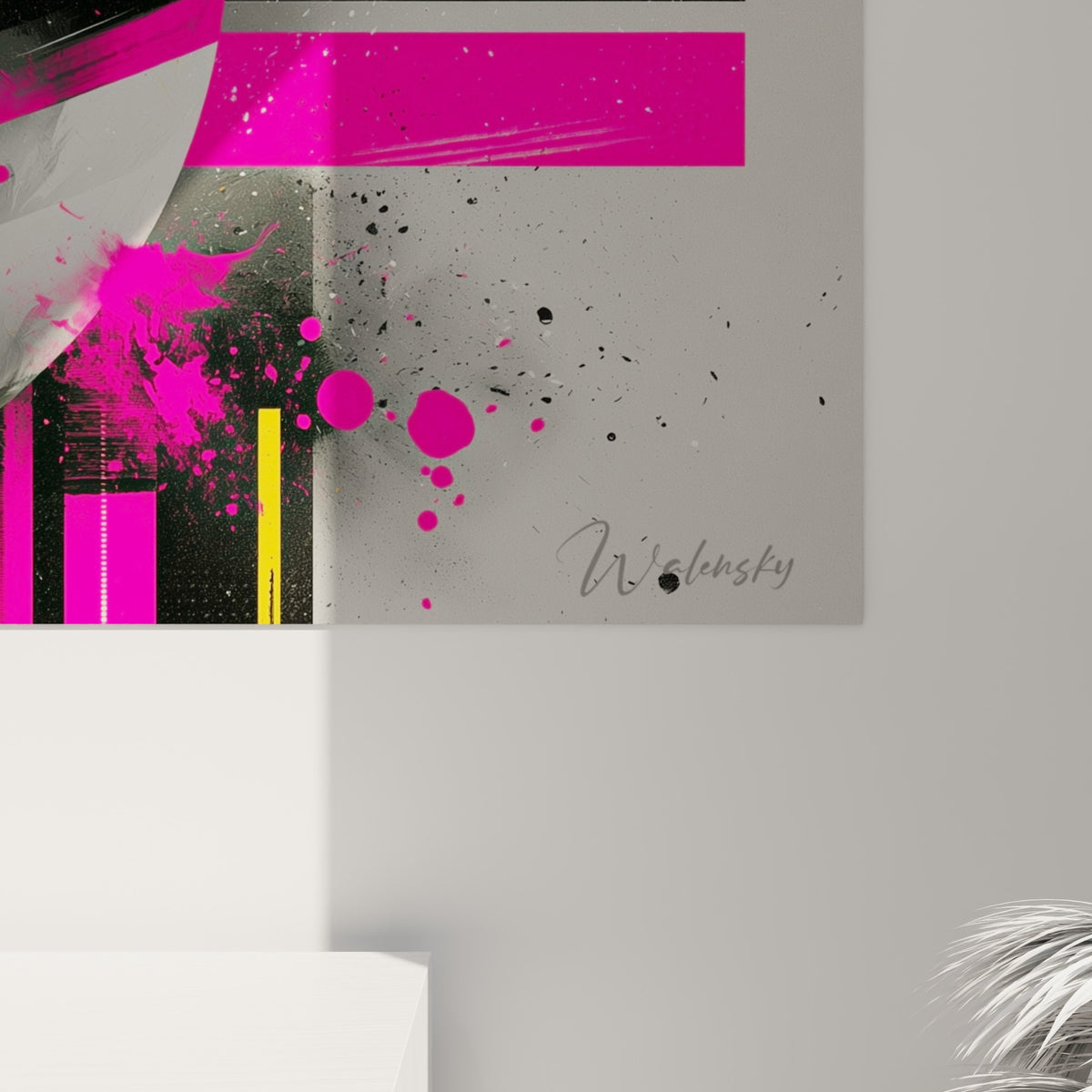 Détail des anneaux gris de Saturne où le rose fuchsia et le jaune se mêlent en coulures et éclaboussures texturées