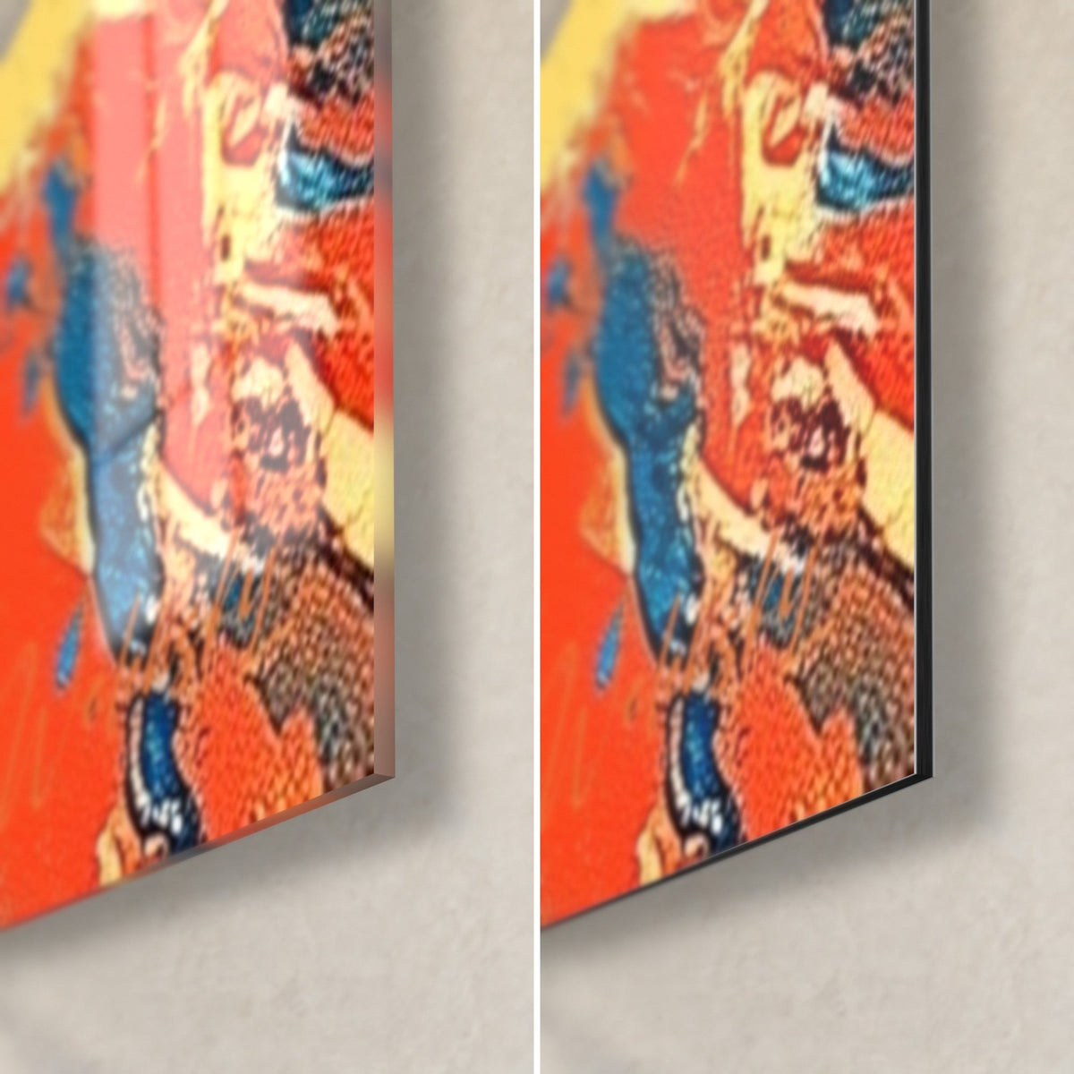 Wall art yellow and orange celestial body on cream arch, bottom right corner: glossy acrylic glass on the left, matt black Dibond on the right, 3 mm edge