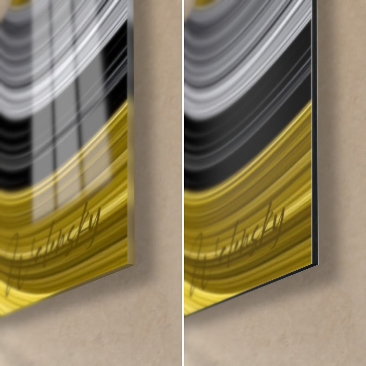 Cuadro río de lava en amarillo y plata, esquina inferior derecha: acrílico brillante que refleja, Dibond negro mate, canto de 3 mm