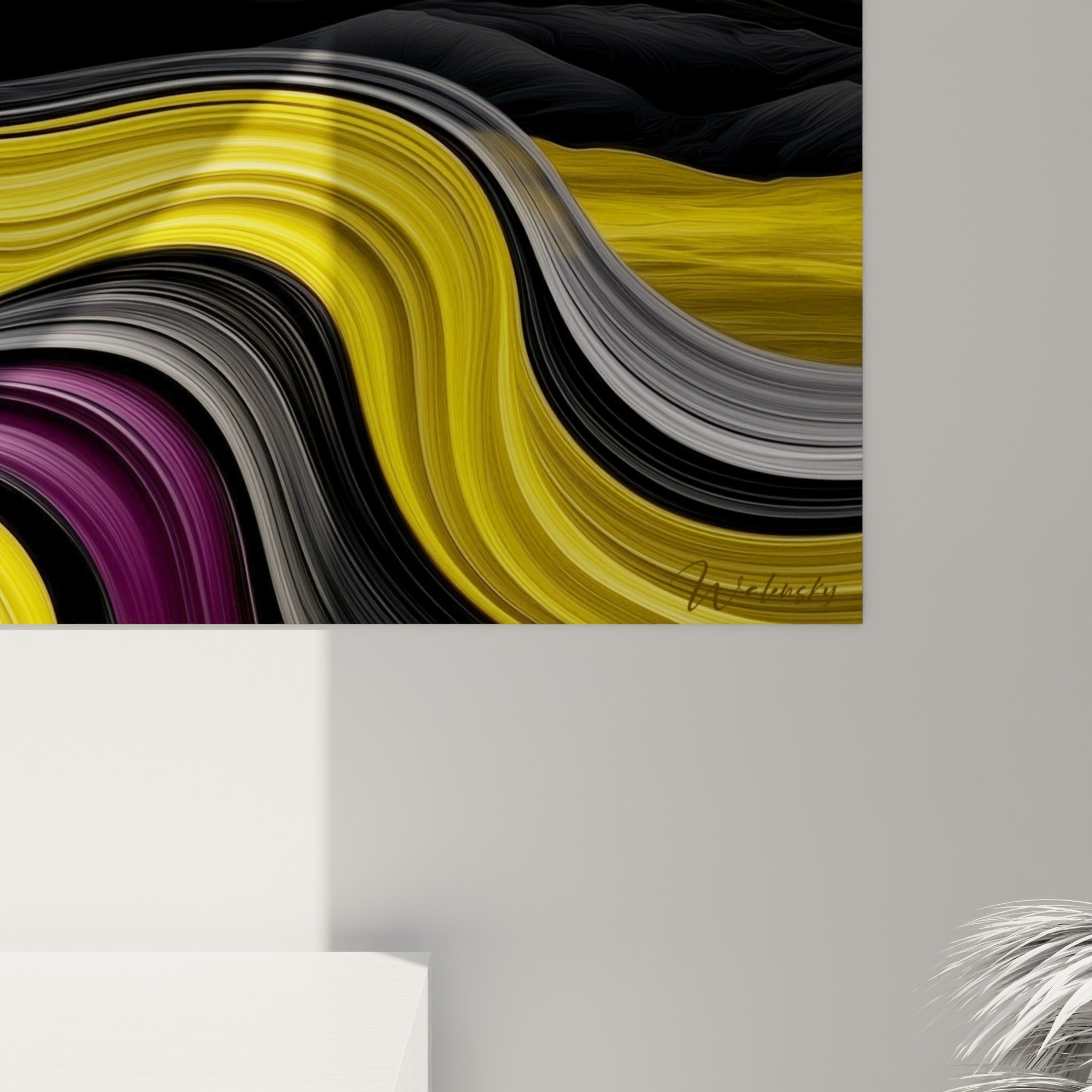 Coulures jaunes et anthracite se mêlant en reliefs fluides, grain visible de l'impression du tableau Planète