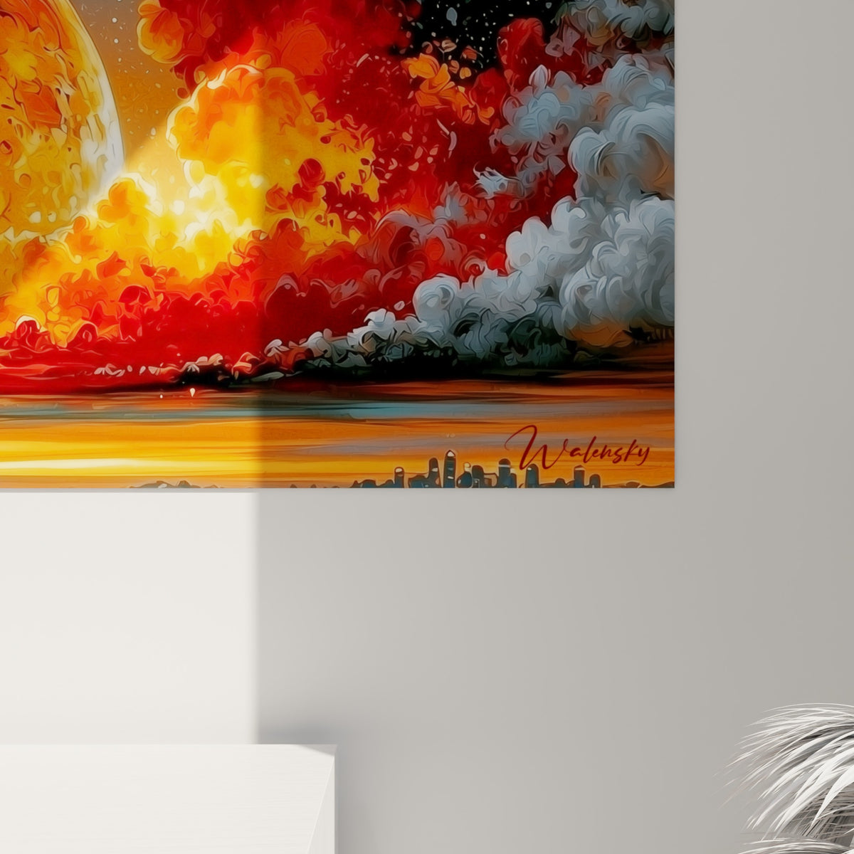 Empâtements orange, rouge et turquoise se fondant en coulures denses sur la surface de la planète peinte