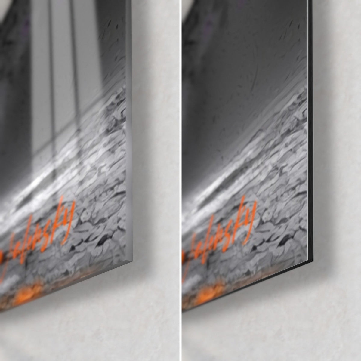 Cuadro de una esfera violeta y naranja, esquina inferior derecha: cristal brillante a la izquierda, Dibond mate a la derecha, firma naranja y borde negro