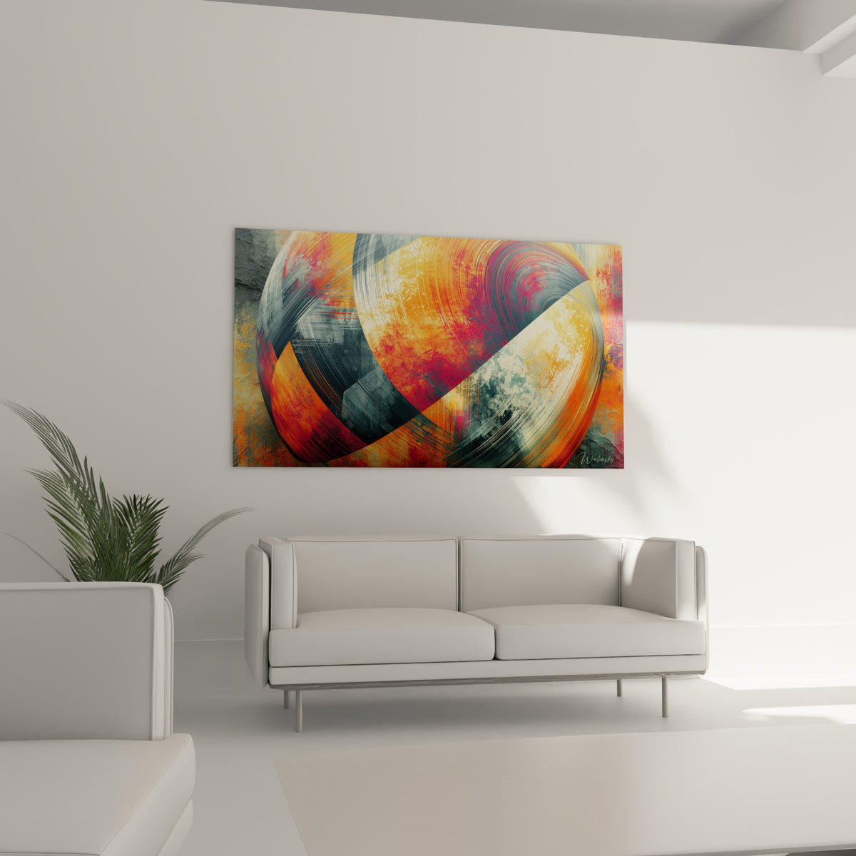 Sphère planète incandescente orange et grise, texture craquelée, au-dessus d'un canapé dans un salon lumineux