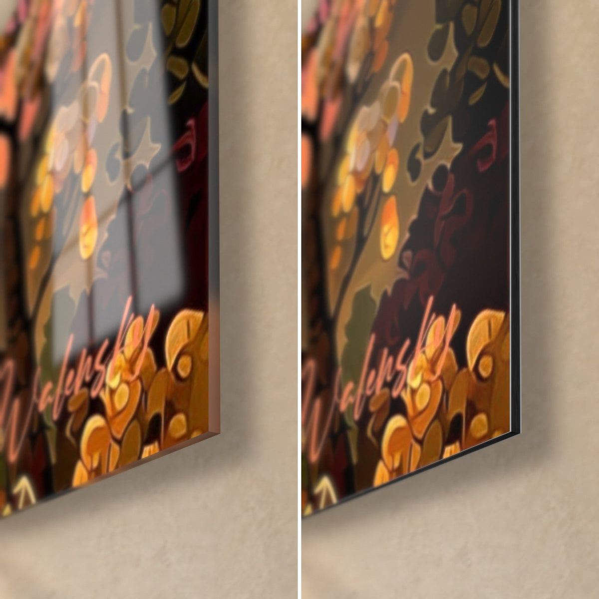 Quadro di globi ambrati maculati, angolo in basso a destra: fiori arancioni su nero, vetro acrilico lucido a sinistra, Dibond opaco a destra