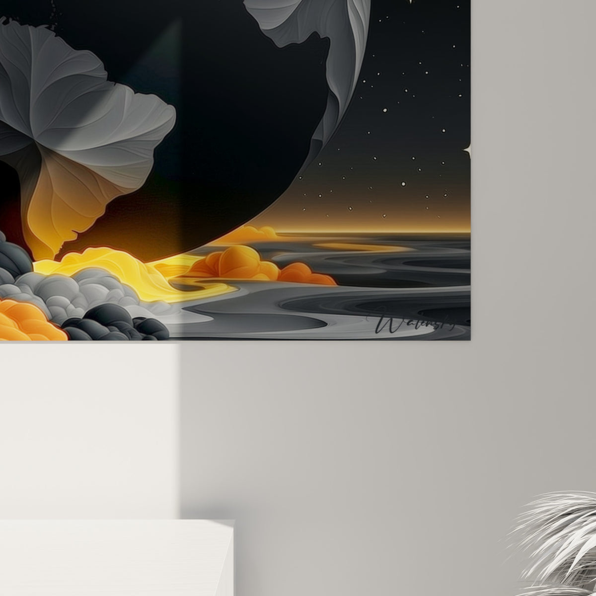 Détail des flammes ambrées et de la texture sculptée du globe noir, empâtements et coulures dorées visibles
