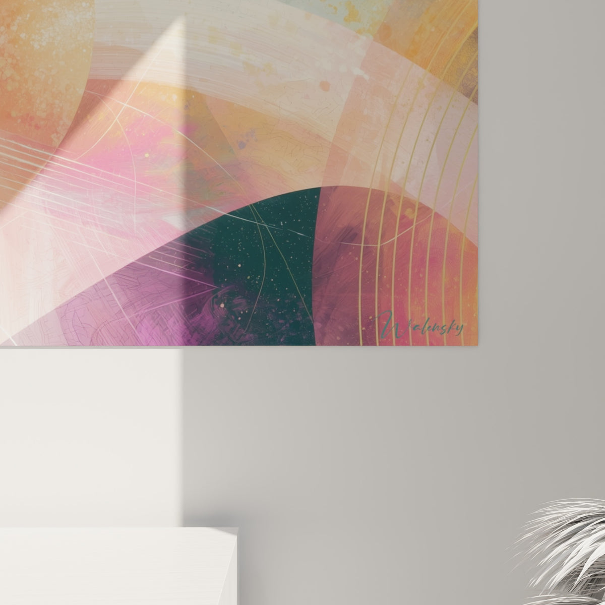 Détail Planète montrant les éclaboussures dorées et le grain texturé entre corail et sauge