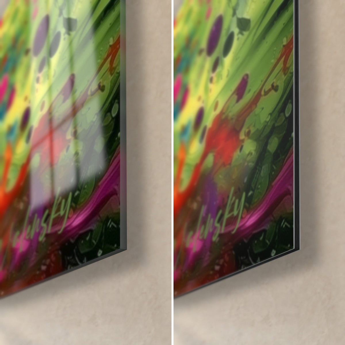 Quadro di un corpo celeste grigio con schizzi verde acido, traccia di vernice rosa, bordo nero di 3 mm, vetro lucido e Dibond opaco
