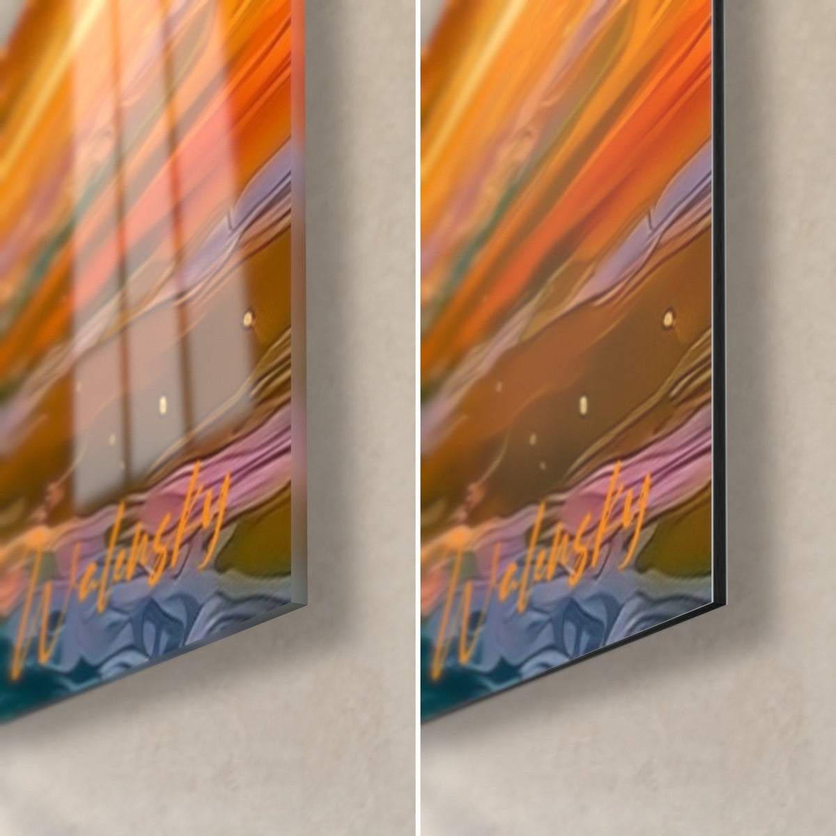Tableau planète pourpre et orange, coin bas droit : verre acrylique brillant à gauche, alu Dibond mat à droite, tranche 3 mm