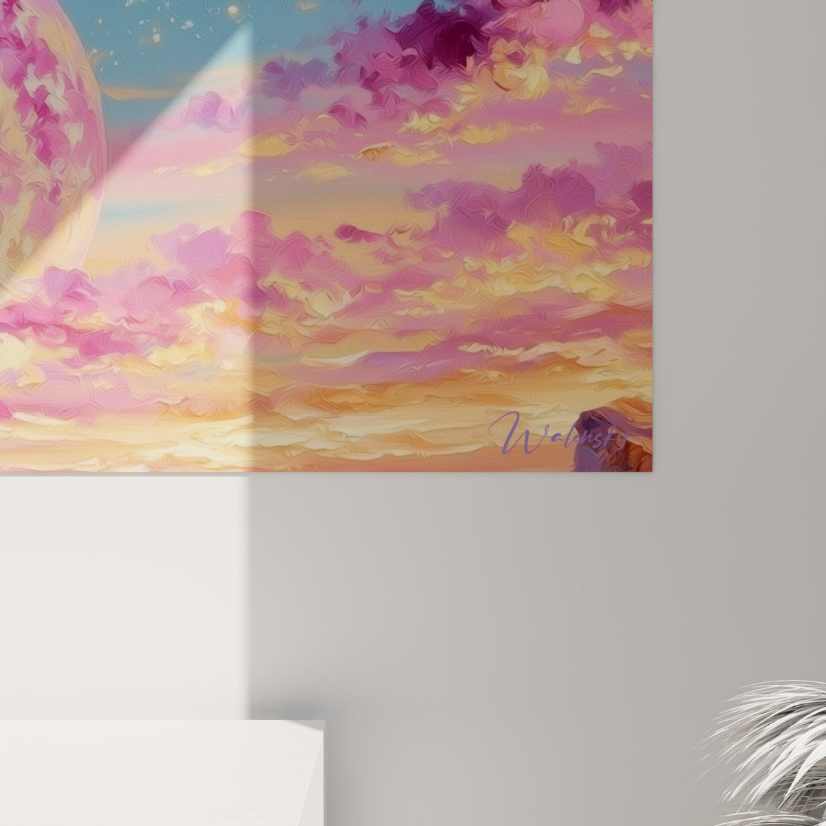 Empâtements roses et bleu marine visibles de près, matière épaisse et coulures dorées sur la toile