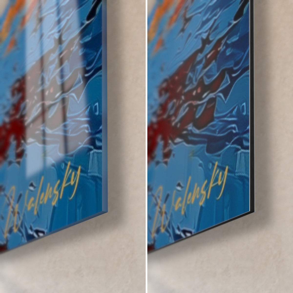 Wall art planet painted in blue and red, gold signature, bottom right corner: glossy glass with reflections, matte Dibond, 3 mm edge