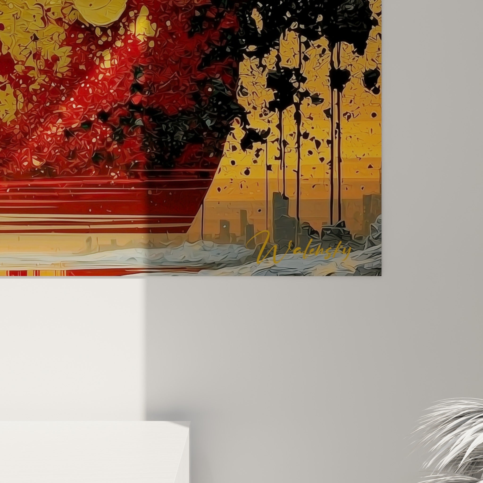 Empâtements dorés et coulures rouge sang visibles en gros plan, matière anthracite éclatée en surface