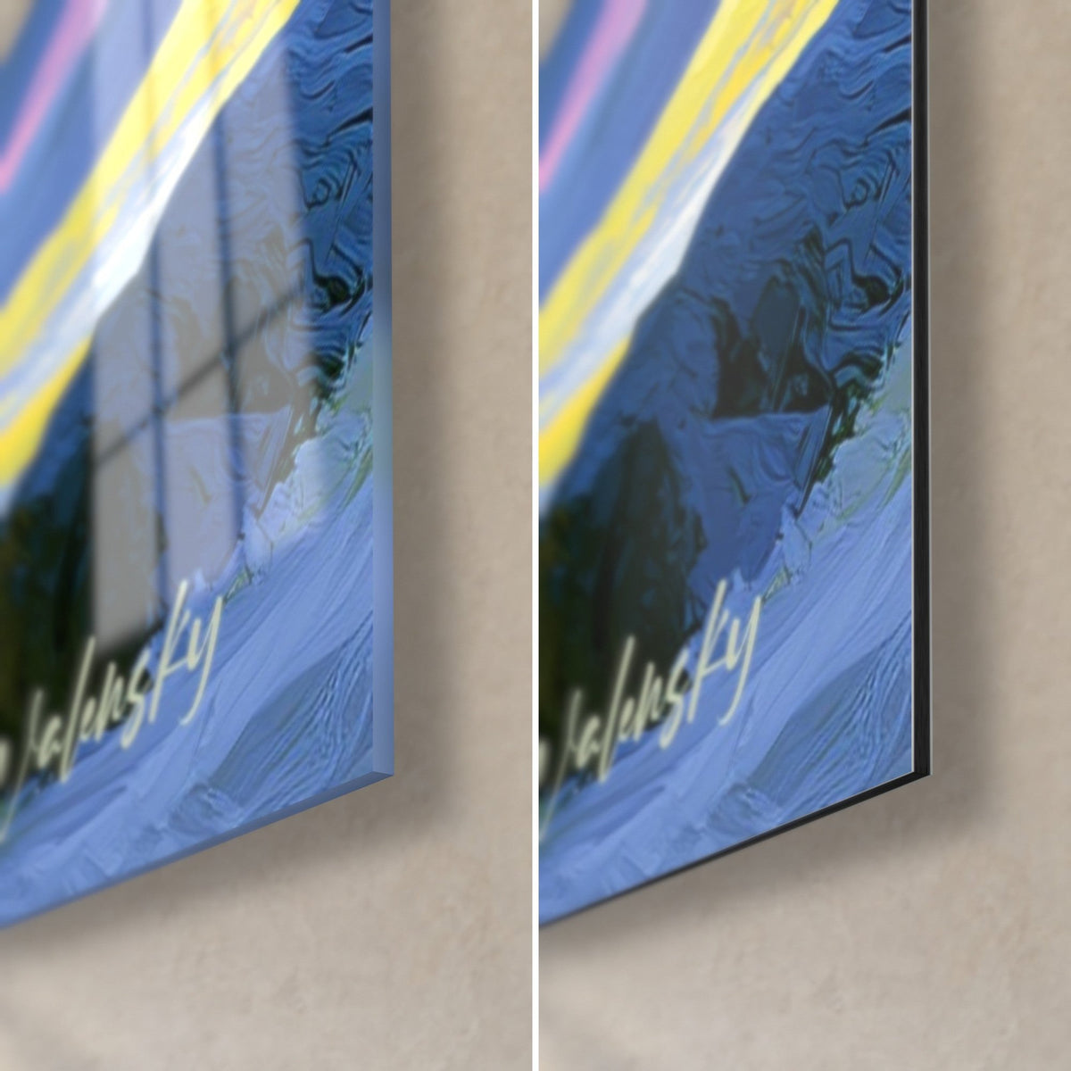 Tableau astre jaune et rose, coin bas droit en verre acrylique brillant à gauche, Dibond mat à droite, tranche de 3 mm visible