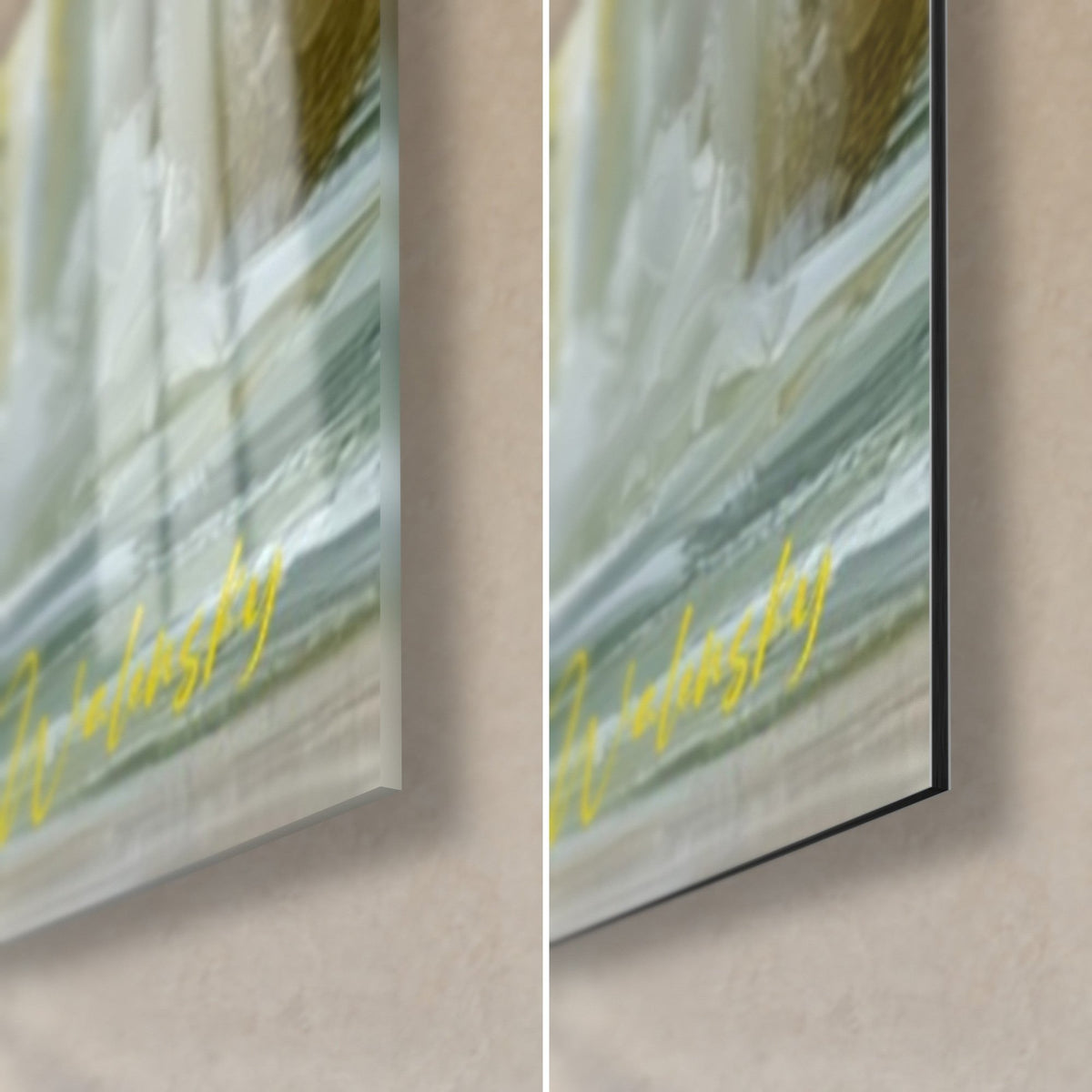 Wall art tree-covered Earth globe, bottom right corner, yellow signature on green and pale blue, glossy acrylic and matte Dibond