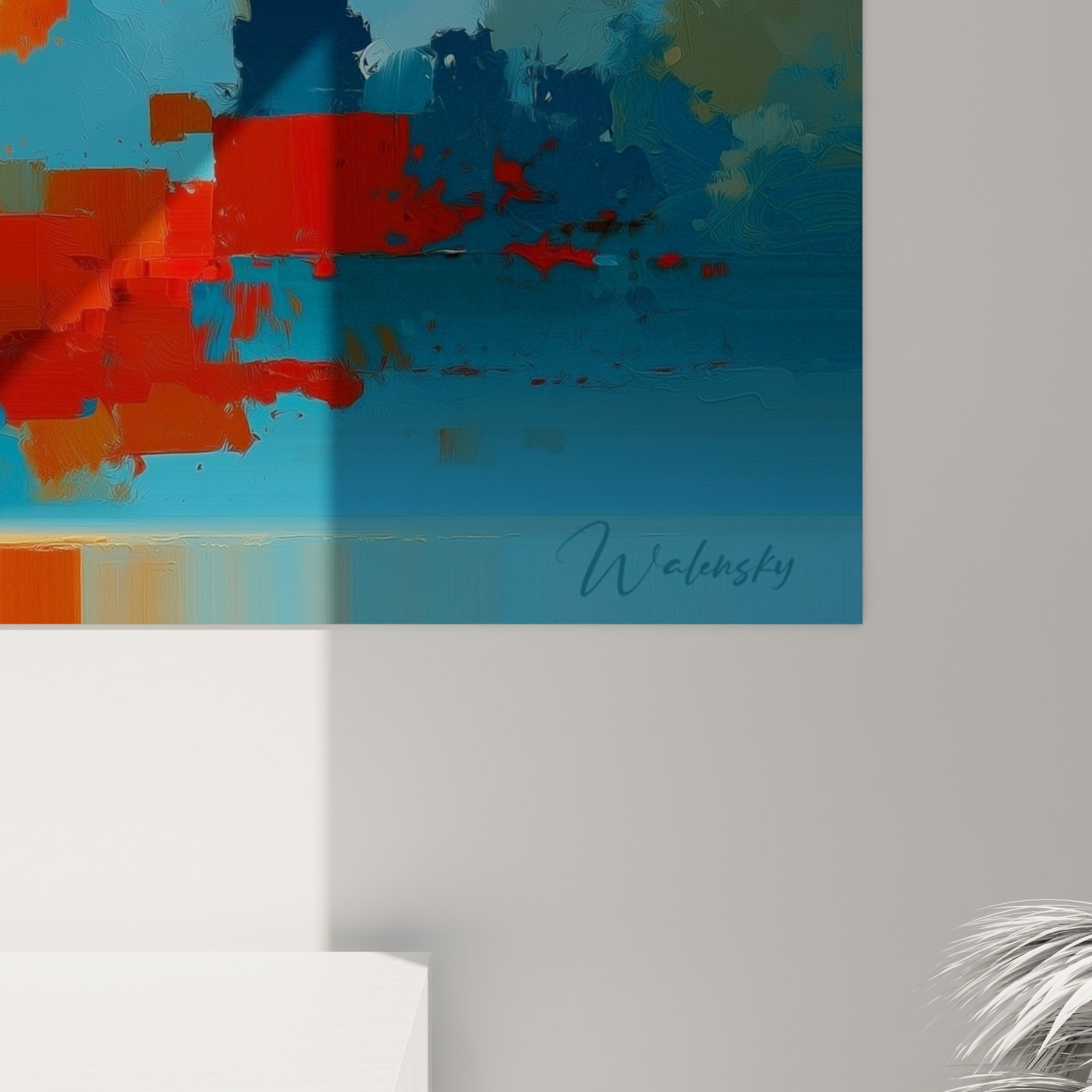 Empâtements bleu marine et rouge brique se fondant en textures picturales sur la sphère de ce tableau Planète