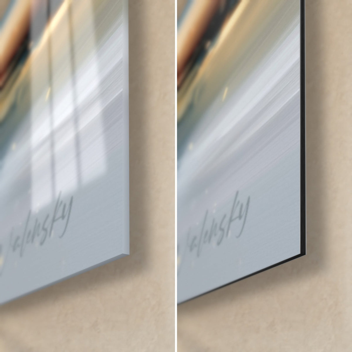 Schilderij gouden planeet, rechtsonder de hoek: glanzend acrylglas met reflecties links, mat zwart Dibond-aluminium rechts, rand van 3 mm