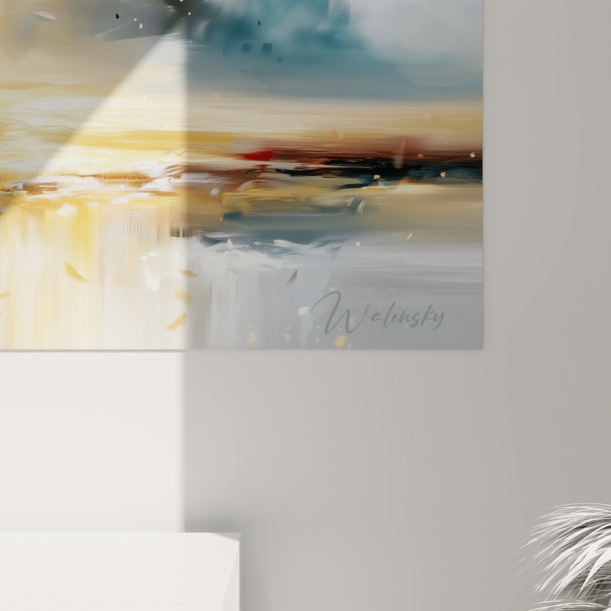 Empâtements dorés et coulures bleu marine se mêlent en gros plan, matière picturale dense et lumineuse
