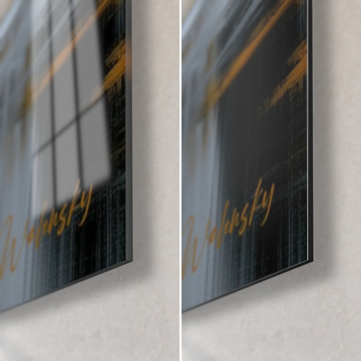 Wall art golden and steel planet, bottom right corner: glossy acrylic glass on the left, matte black Dibond on the right, 3 mm edge