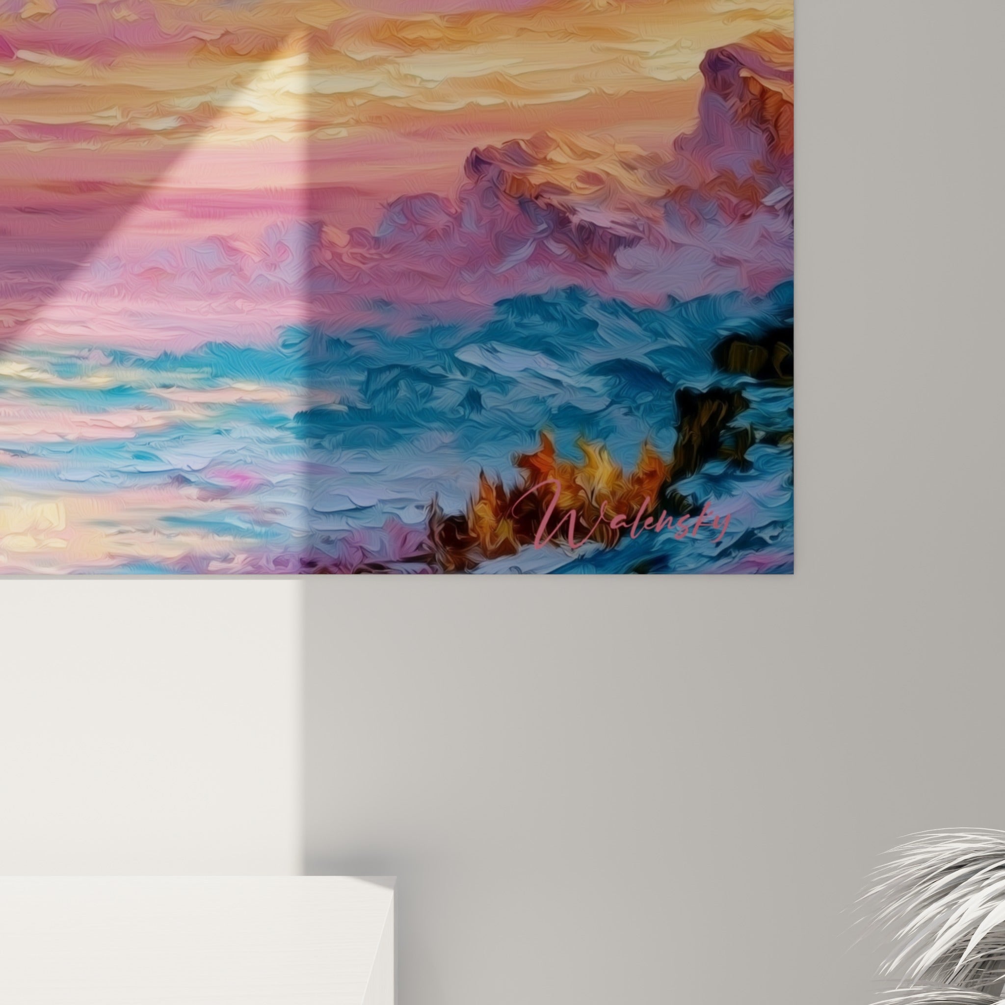 Empâtements roses et dorés du ciel cosmique, matière épaisse et coulures visibles sur la toile
