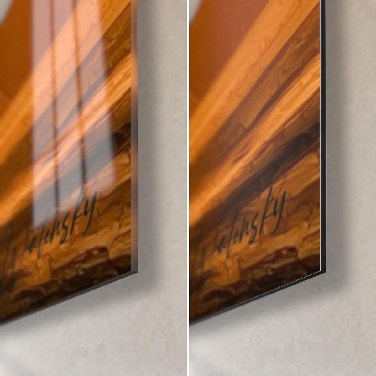 Wall art with a cosmic ballet, bottom right corner: glossy glass with window reflections, matte ochre Dibond and 3 mm edge