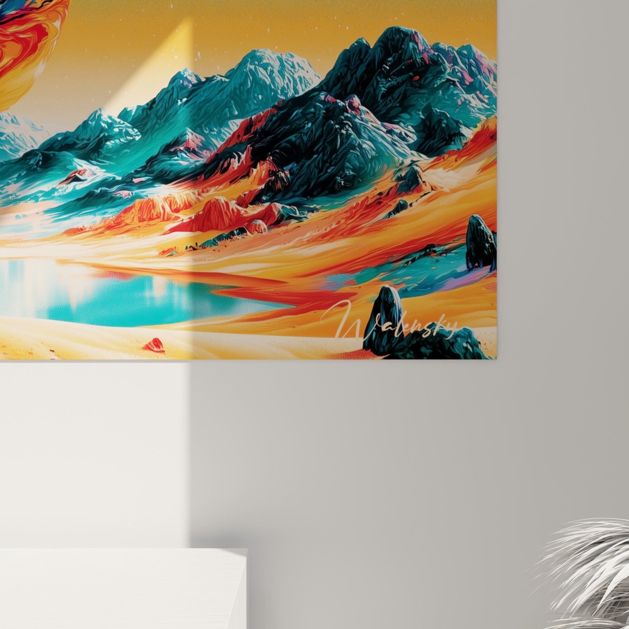 Empâtements orange et rouge de la planète, coulures turquoise des anneaux visibles en gros plan sur la toile